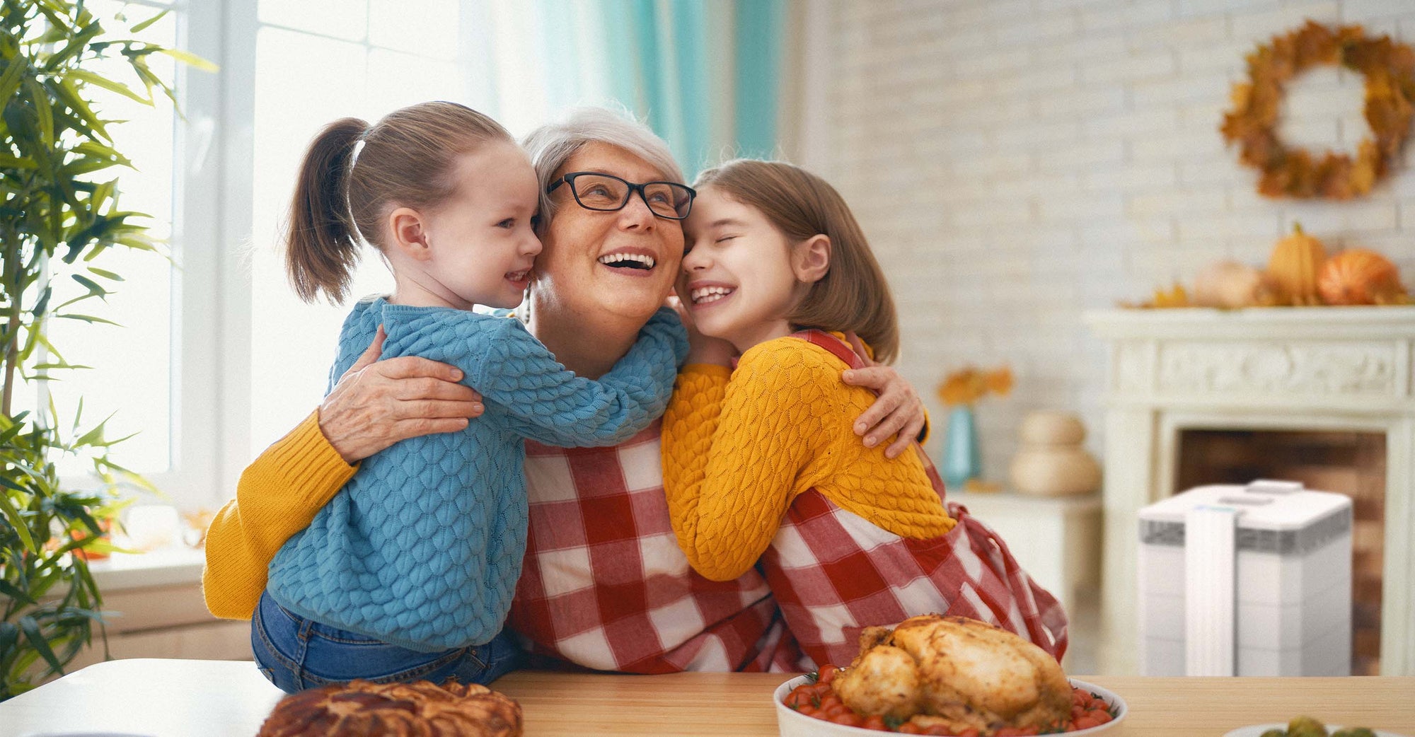 Grandma hugging both grand daughters at dinner table with HealthPro Plus in background