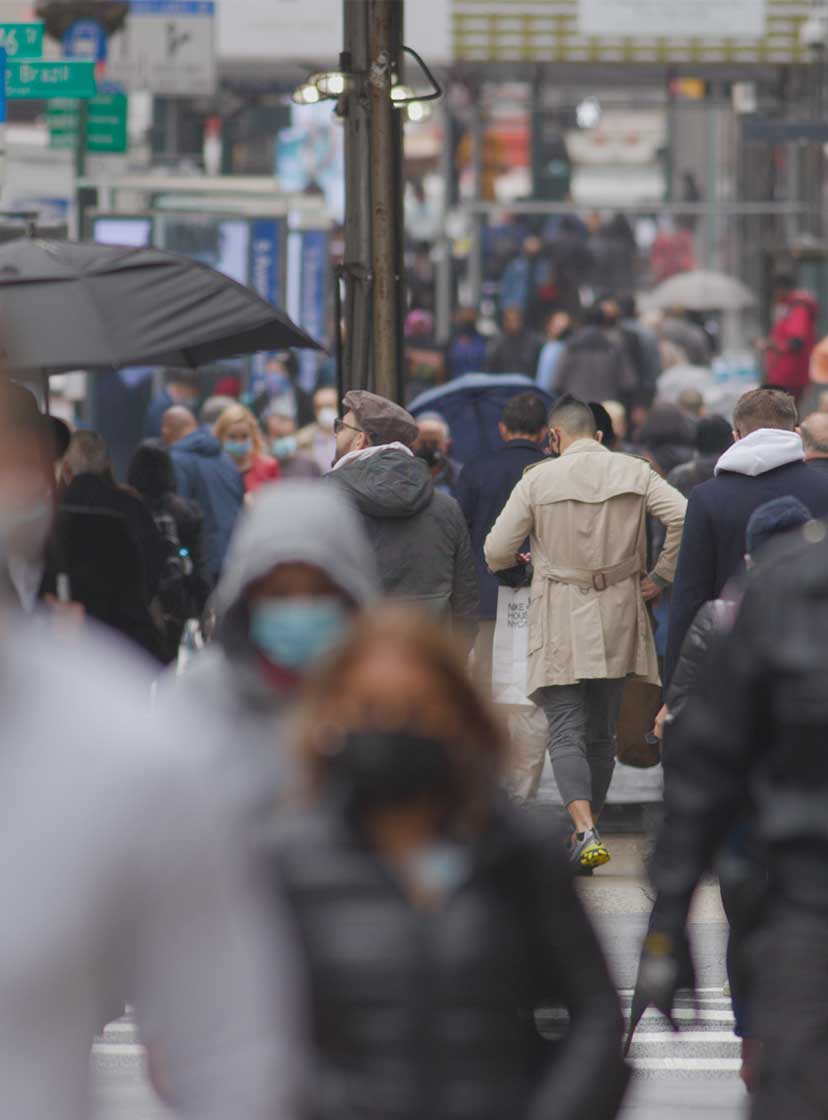 crowd on busy sidewalk